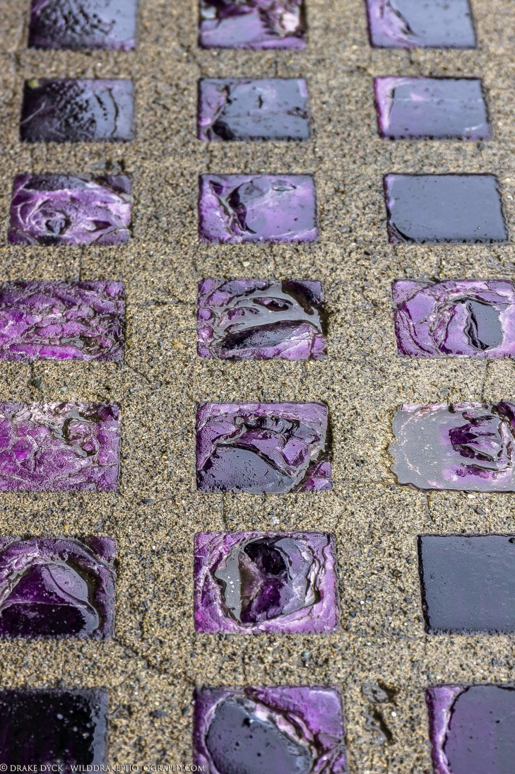 Purple rock squares inlaid in the sidewalk